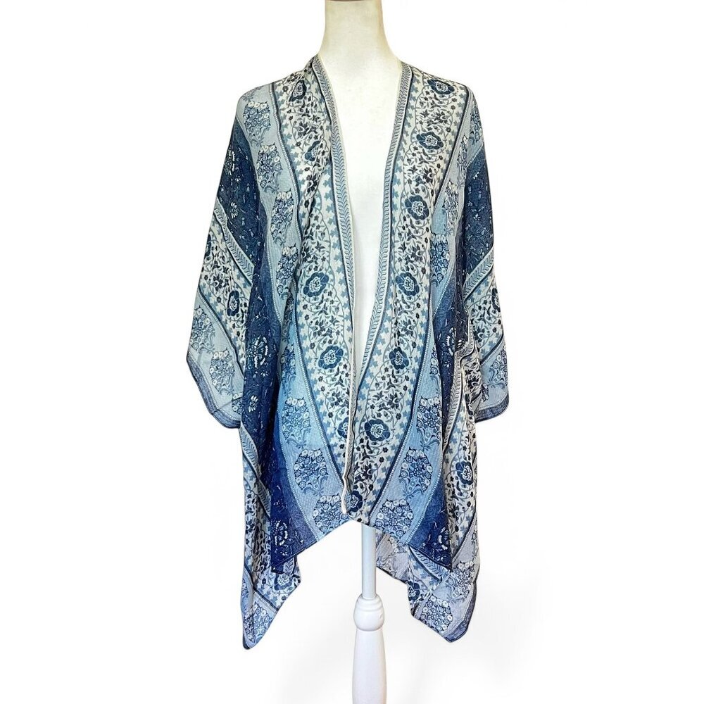 Lucky Brand Blue Boho Kimono OS Festival Coastal Grandma Flowy Vacation Resort - Picture 3 of 7